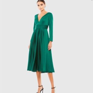 Mac Duggal Plunge Neck Satin A-Line Dress